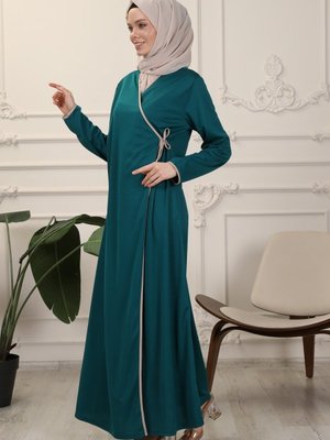 Zümrüt Kruvaze Yaka Biyeli Esnek Interlok Kumaş Namaz Elbisesi Ferace