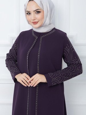 Kolları Taşlı Büyük Beden Anne Elbisesi Mor