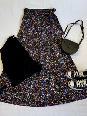 Crop & Siyah Küçük Çiçek Kat Kat Etek