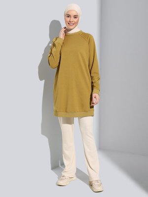 Pamuklu Bisiklet Yaka Sweatshirt Zeytin Yeşili