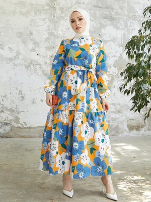 Çiçek Desenli Elbise İndigo