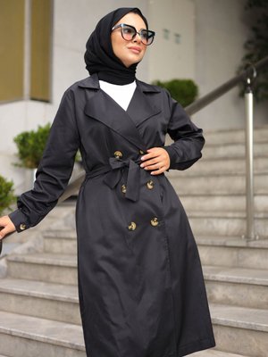 Siyah Kruvaze Yaka Düğmeli Trençkot Siyah Kruvaze Yaka Düğmeli Trençkot