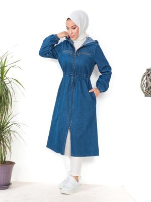 Fermuar Detaylı Açık Lacivert Kot Kap