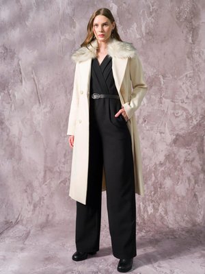 Çıkabilir Kürklü Belden Bağlamalı Kruvaze Kaban Ekru