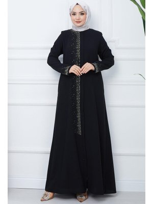 Siyah Işıl Taş Detaylı Büyük Beden Ferace