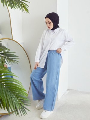 Bel Lastikli Bol Pantolon Mavi Bel Lastikli Bol Pantolon Mavi