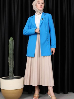 Saks Mavi Yaka Bronşlu Cep Detaylı Ceket