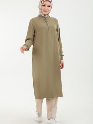 Ribanalı Fermuarlı Krep Kumaşlı Tunik Açık Haki