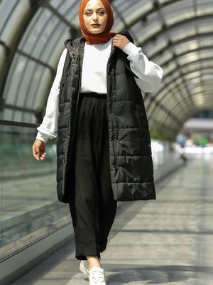 Önü Fermuarlı Şişme Mont Kapüşonlu Yelek