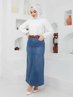 Doğal Kumaşlı Kemerli Kot Etek Mavi