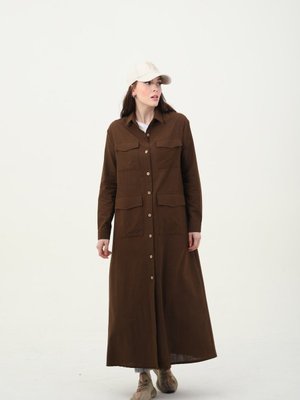 Uzun Keten Trençkot Kahverengi