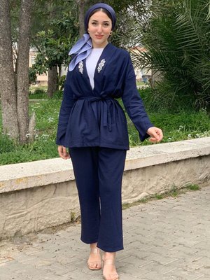 Lacivert Kimonosu Taşlı Takım