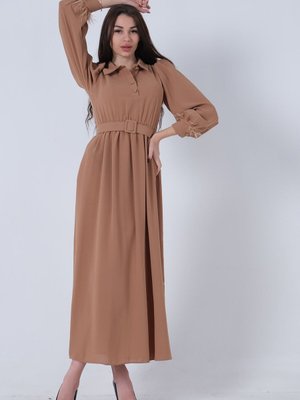 Bej Kol Ucu Tüylü Kemerli Elbise Bej Kol Ucu Tüylü Kemerli Elbise