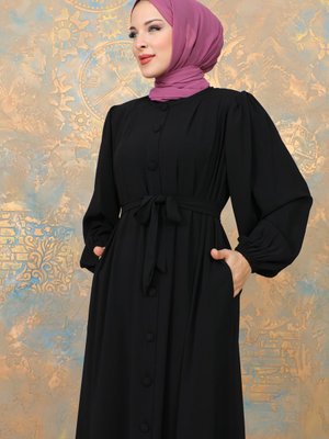 Düğmeli & Kemerli Balon Kol Medine İpeği Ferace Düğmeli & Kemerli Balon Kol Medine İpeği Ferace