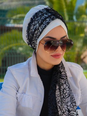 Fularlı Bone Siyah Beyaz Dantel