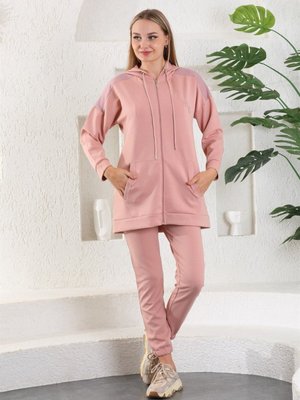 Pudra Lila Sweatshirt Jogger Kapüşonlu Fermuarlı Cepli Takım