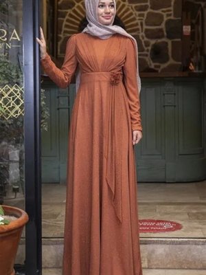 Kiremit Mara Simli Abiye Elbise Kiremit Mara Simli Abiye Elbise