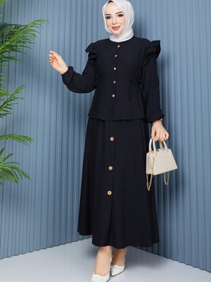 Siyah Kol Bel Detaylı Bluz Etek Bürümcük Takım