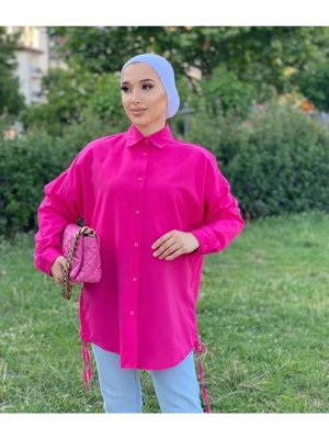 Yanları Ayarlanabilir Büzgülü Oversize Terrycotton Gömlek Fuşya