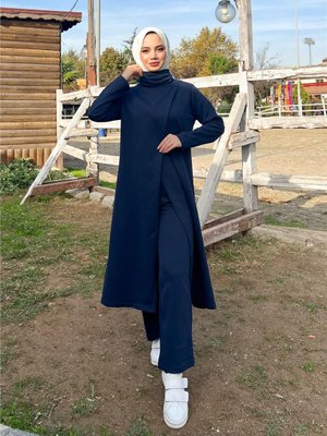 Kruvaze Balıkçı Yaka Sade Basic Uzun Tunik Panolon i?kili takım Lacivert