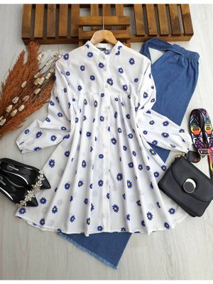 Renkli Papatyalı Pileli Gömlek Tunik