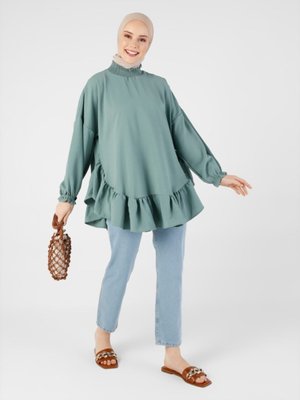 Volan Detaylı Aerobin Tunik Çağla Yeşili Casual