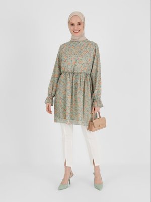Astarlı Çiçek Desenli Şifon Tunik Yeşil