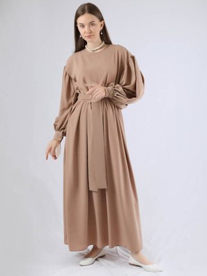 Tül Detaylı Büzgülü Elbise Pudra Tül Detaylı Büzgülü Elbise Pudra