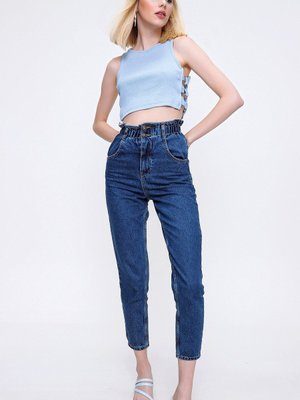Koyu Mavi Bel Büzgü Lastikli Jean Pantolon