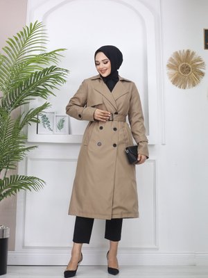 Kruvaze Yaka Fleto Cepli Trençkot