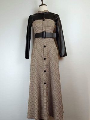 Kaz Ayağı Desenli Elbise Kahverengi Kaz Ayağı Desenli Elbise Kahverengi