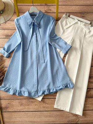 Kurdela Fırfır Detaylı Tunik Ve Pantolon Mavi