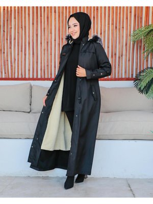 Kmkbin Kadın Uzun Bondit Kumaş Çift Cepli İçi Kürklü Tesettür Mont Özaltay