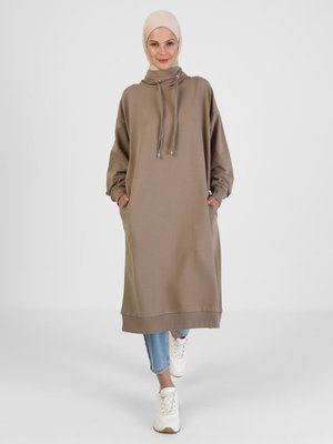 Boğazlı Yaka Cepli Uzun Sweatshirt Koyu Vizon