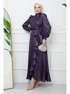 Mürdüm Bağlamalı Ön Detaylı Saten Abiye Elbise