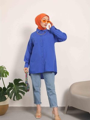 Zincir Kolyeli Terikoton Gömlek Saks Mavisi