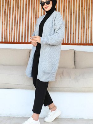 Desenli Triko Hırka Gri