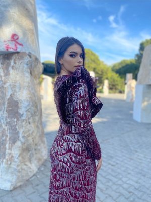 Püsküllü Eylül Abiye Elbise Bordo