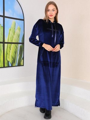 Lacivert Taş Baskılı Kanguru Cep Kadife Uzun Spor Elbise Lacivert Taş Baskılı Kanguru Cep Kadife Uzun Spor Elbise