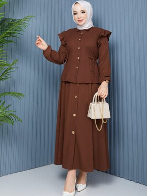 Kahverengi Kol Bel Detaylı Bluz Etek Bürümcük Takım