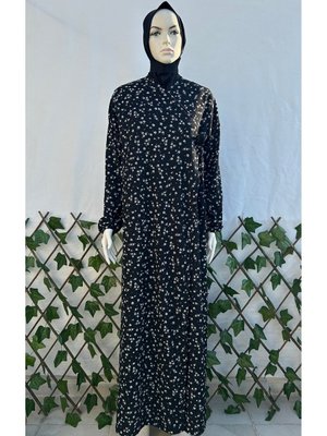 Yandan Bağlamalı Siyah Beyaz Çiçekli Namaz Elbisesi Büyük Beden