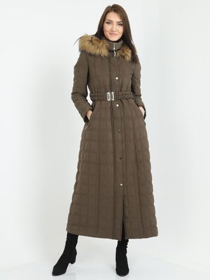 Asker Yeşili Kare Desenli Tam Boy Kapitone Kaban Mont