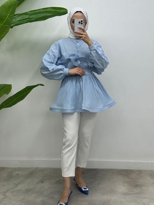 Pliseli Düğmeli Poplin Gömlek Y