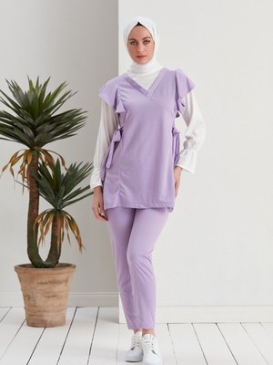 Kol Büzgülü Belden Kuşaklı İkili Takım Lila Kol Büzgülü Belden Kuşaklı İkili Takım Lila