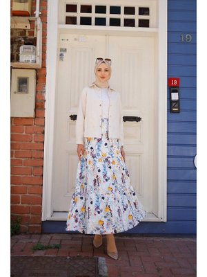 Mavi Fırfır Detaylı Etek Ekru