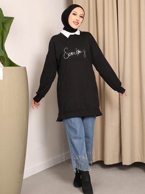 Siyah Baskılı İki İplik Sweatshirt Siyah Baskılı İki İplik Sweatshirt