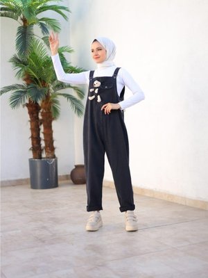 Tam Boy Düğme Ayıcık Detaylı Rahat Kalıp Kot Ayarlanabilir Askılı Tulum