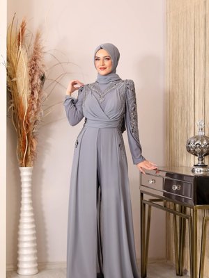 Boncuk İşlemeli Güneş Tulum Gri