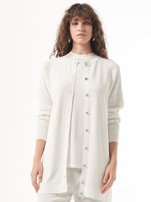 Merserize Çizgi Detay Düğmeli Hırka Ekru