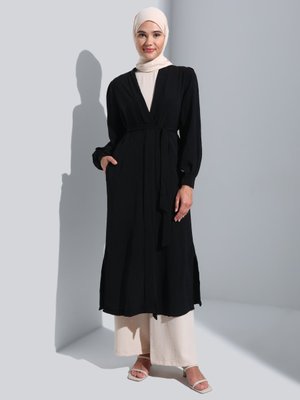 Siyah Aerobin Balon Kol Kuşaklı Ferace